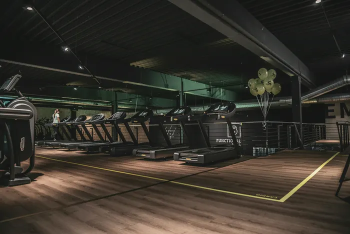 A long row of treadmills on the cardio deck